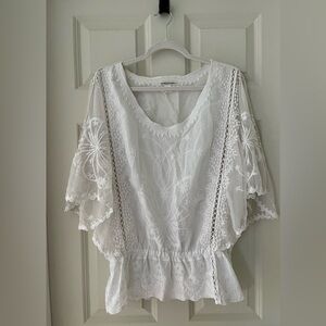 Women’s John Paul Richard white Lace Blouse elastic waist, hippie:bohemian Large